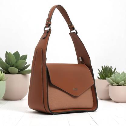 Exotic Premium Tan Shoulder Bag Unique Design Textured Flap Closure Bag