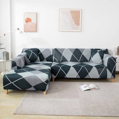 B BESTILO Polyester Checkered 3+3 Seater L-Shape Sofa Cover