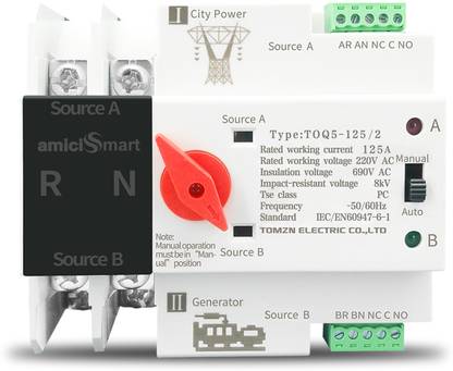 amiciSmart Dual Power Automatic Control Transfer Switch, 125A Changeover Switch Smart Switch