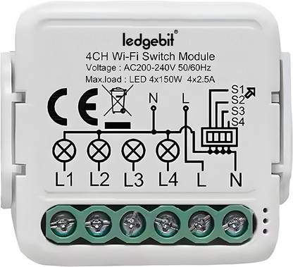 Ledgebit WiFi Smart Breaker Four Gang Module – 5A, App & Voice Control | Smart Switch