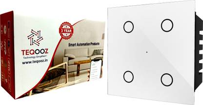 TEQOOZ 4-Touch WiFi Switch (White) | Smart Life App, Alexa, Google | Glass Finish | Smart Switch
