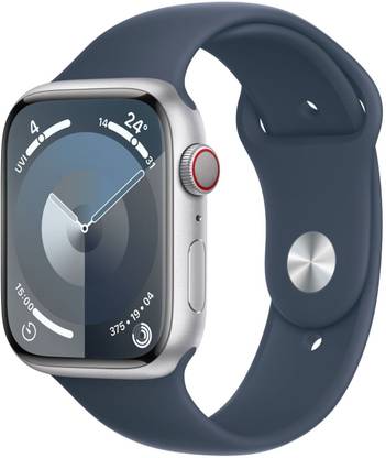 Apple Watch Series 9 GPS + Cellular 45mm Silver Case & Storm Blue Sport Band - M/L