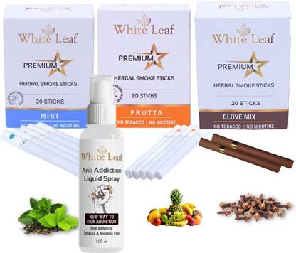 White Leaf Herbals Mint, Frutta & Clove Flavour Cigarette, Pack of 3 (60 Sticks 100ML Shot) Smoking Cessations