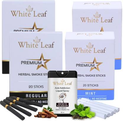 White Leaf Regular & Mint Flavour Cigarette, Pack Of 4 (80 Sticks & 20ML Shot) Smoking Cessations