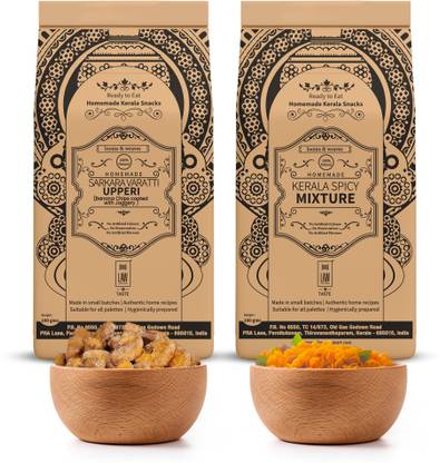 looms & weaves Homemade Combo Pack - Jaggery Coated Banana Chips + Mixture (100g Each)