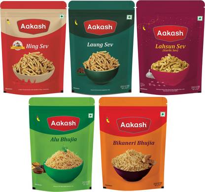 AAKASH Namkeen Sev, & Bhujia Combo | Pack of 5 | 350gm Each | Traditional Spicy Namkeen