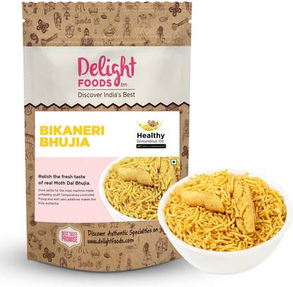 Delight Foods Bikaneri Bhujia 300g Healthy Groundnut Oil Fried Namkeen, Indian Sancks