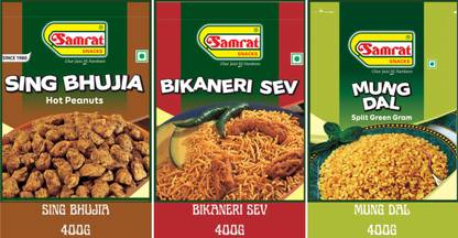 SAMRAT |Combo Pack of 3|SING BHUJIA|BIKANERI SEV|MUNG DAL|BHUJIA|NAMKEEN|SNACKS|