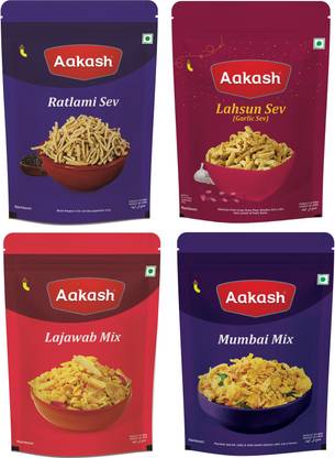 AAKASH Namkeen Sev & Mixture Combo |Traditional Spicy Namkeen | Pack of 4, 350 Gm Each