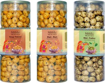 Mithila Munchies Roasted & Flavored Makhana,Combo of 3-Tomato, Peri Peri, Mint Pudina(90X3)