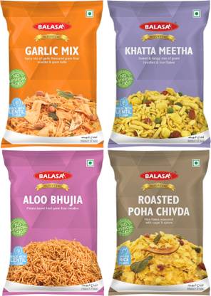 balasa Combo Pack of 4 (Aloo Bhujia, Garlic Mix , Roasted Poha & Khatta Meetha)
