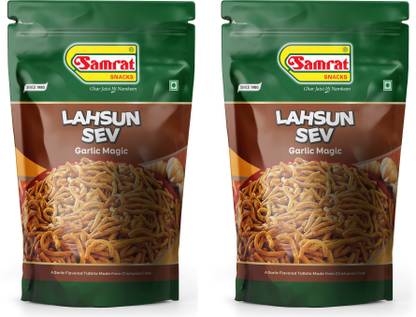 SAMRAT LAHSUN SEV Garlic Magic Namkeen|Ghar Jaisi Hi Namkeen|PACK OF 2|2X400G|