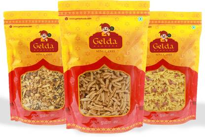 Gelda Namkeen Combo Pack of Ratlami Sev, Teekha Namkeen & Khatta Meetha Mix - Indian Snacks