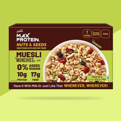 RiteBite Max Protein No Sugar Added Nuts & Seeds Muesli Munchies, 60G X Pack Of 6 Servings