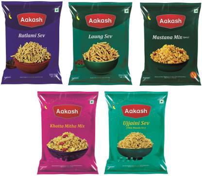 AAKASH Namkeen Sev & Mixture Combo | All time Indian Snacks | (Pack of 5), 150 Gm Each.