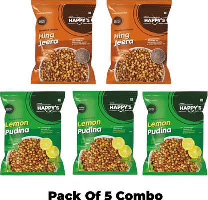 Happy's Roasted Chana 2 Hing Jeera + 3 Lemon Pudina 200 gm Chana Pack Of 5