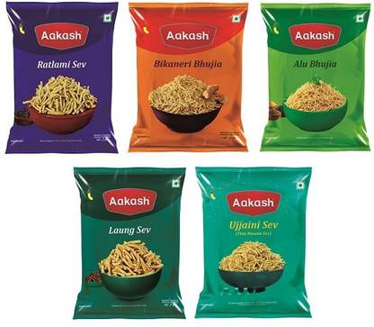 AAKASH Sev & Bhujia Combo| Spicy and Gram Flour Snacks | (Pack of 5), 150 Gm Each