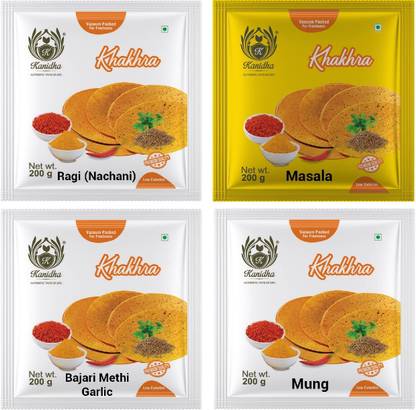 KANIDHA Ragi Khakhra, Masala Khakhra, Bajri Methi garlic Khakhra and Mung Khakhra, 800g