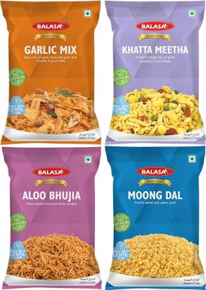 balasa Combo Pack of 4 (Aloo Bhujia, Garlic Mix , Moong Dal & Khatta Meetha)