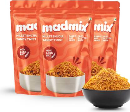 Madmix Jowar Baked Bhujia |Healthy Snacks|Sev- Tangy Twist 125gm (Pack of 3)