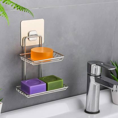 Lapex Stainless Steel Double Layer Self Adhesive Soap Holder | Wall Mount | No Drill