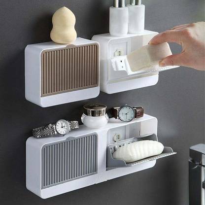LILA ENTERPRISE Plastic Wall Mounted Double Bar Bathroom Soap Holder Soap Box with Lid