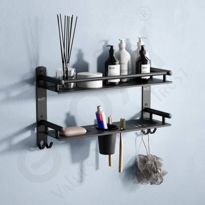 GLOXY Matte Finish 2 Layer Bathroom Shelf Rack with Soap Dish and Toothbrush Holder