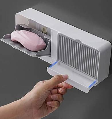 MFORALL Creative Wall Soap Box with Lid-001 Double Mesh Standing Soap Dryer Holder Flip Wall Mounted Double Soap Holder with Drain Tray