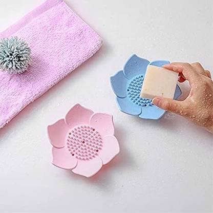 Honch 1Pcs-Self Draining Flower Shape Cute Soap Silicone Round Soap Dish Holder