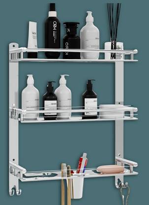GLOXY Stainless Steel Multipurpose Organizer Bathroom Shelf with Double Soap Dish Wall
