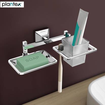 Plantex Stainless Steel 304 Grade Squaro 2 In 1 Tooth Brush Holder - Tumbler Holder - Soap Holder - Soap Dish - Bathroom Accessories