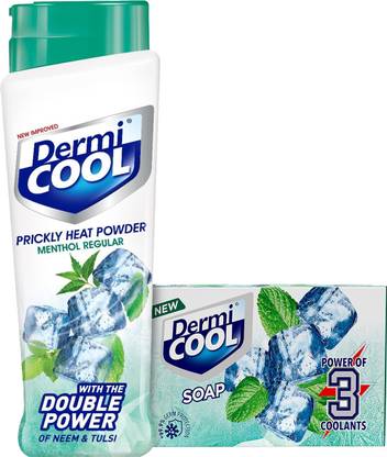 Dermi Cool Cooling Combo Pack: 125g Each Soap (5 Bars) + Menthol Prickly Heat Powder 400 GM