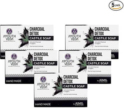 Ayouthveda Charcoal Handmade Castile Soap with Activated Charcoal, Jaggery & Herbal Oil