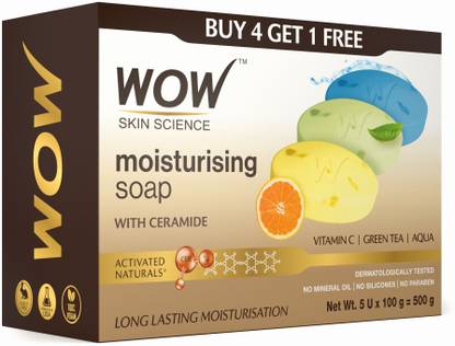WOW SKIN SCIENCE Moisturising Soaps with Ceramide | Vitamin C, Green Tea, Aqua  (5 x 100 g)