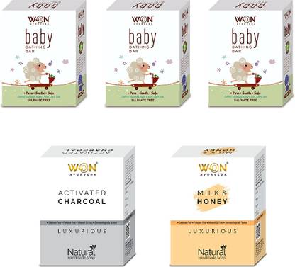 won ayurveda Baby Bathing, Cucumber & CocoFresh, Charcoal Soap Pack Of 5