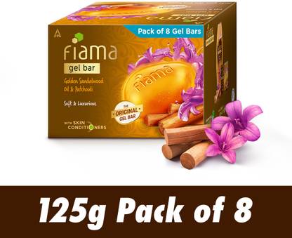FIAMA Gel Bar Soap Combo, Golden Sandalwood Oil & Patchouli, 125gx8,For Glowing Skin