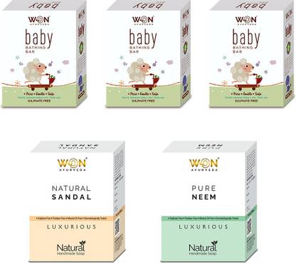won ayurveda Baby Bathing, Pure Neem, Cucumber & CocoFresh Soap Pack Of 5