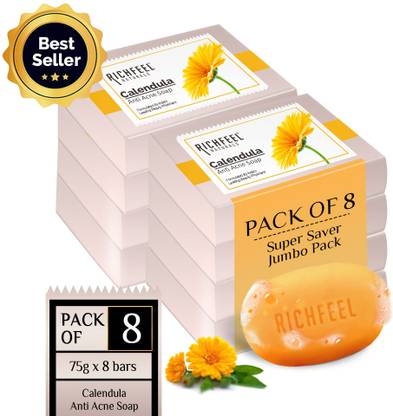 RICHFEEL Calendula Anti-Acne Soap|For Acne skin & Blemishes 75g (Pack of 8)