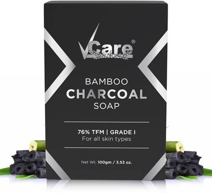 Vcare Bamboo Charcoal Soap 100gm | 76% TFM Grade 1 Bathing Soap Bar - Buy 3 Get 1 Free