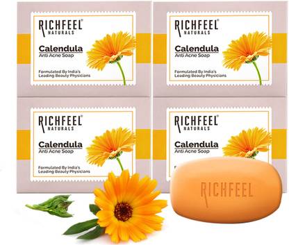 RICHFEEL कैलेंडुला एंटी-एक्ने सोप फॉर एक्ने स्किन एंड ब्लेमिशिज 75g | (पैक ऑफ 4)