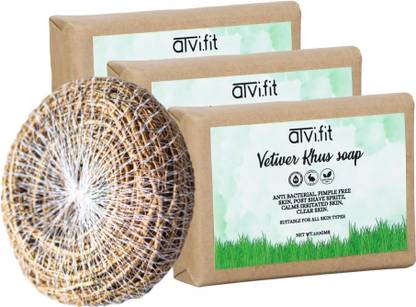 ATVI.FIT Khus Vetiver roots soap With Loofah for Pimple Free Skin, clear skin (PACK OF 3)