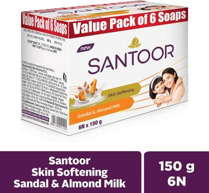 Santoor Skin Softening Sandal and Almond Milk Bathing Bar Soap For Soft & Youthful Skin.