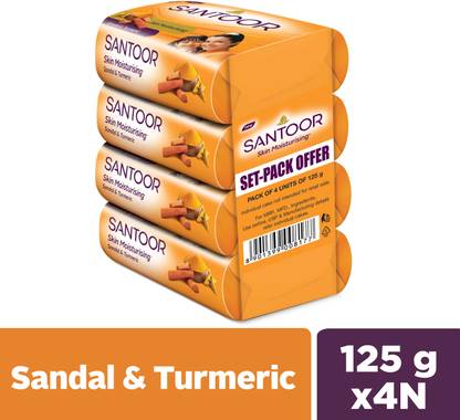 Santoor Skin Moisturizing Sandal & Turmeric Bathing Bar Soap For Soft and Youthful Skin. (4 x 125 g)