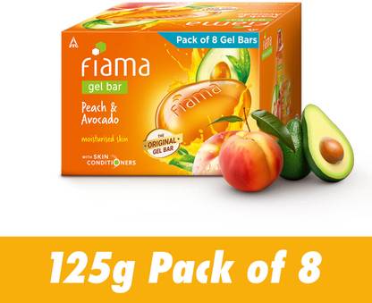 FIAMA Gel Bar Soap Combo, Peach And Avocado, 125gx8, For Moisturized Skin