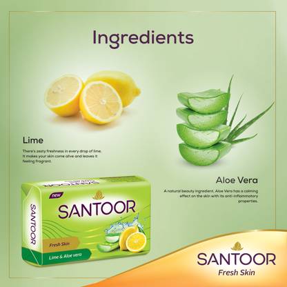 Santoor by Wipro Fresh Skin Aloe Vera & Lime Bathing Bar Soap For Soft & Youthful Skin