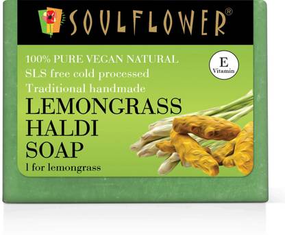 Soulflower Handmade Lemongrass Haldi Soap Bar | Acne, Wrinkle, Fine Line | Olive, Vit E |
