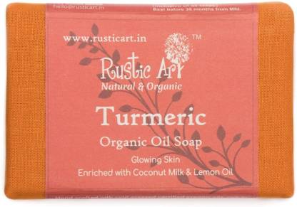 RUSTIC ART Organic Turmeric Soap |Handmade| Cold Processed| Reduces dark spot |Anti Acne, anti septic , anti bacterial | skin moisturizing, tan removing soap Pack of