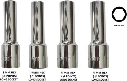 TOM 1/2" Drive CRV Steel 8, 10, 12, 13 MM Hex (6 Points) Long Socket Set