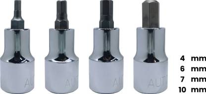 4MECH 1/2" Drive 4mm + 6mm + 7mm + 10, Hardened CR-V Steel, Hex-Allen-Bit Socket Vehicle Tool Kit