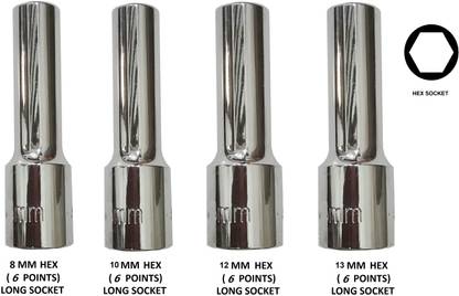4MECH 1/2" Drive CRV Steel 8, 10, 12, 13 MM Hex (6 Points) Long Socket Set